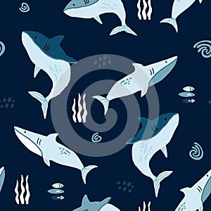 Seamless pattern with creative sharks . Creative undersea childish texture. Great for fabric, textile Vector Illustration