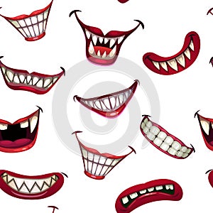 Seamless pattern with creepy monster smiles on white background. Scary clown mouth print.