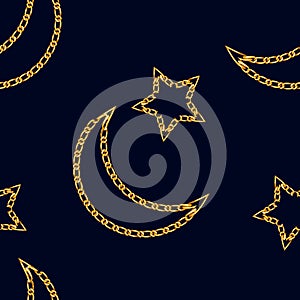 Seamless pattern with crescent moon chain and star symbol. Golden Chain Ornament for Fashion Prints.