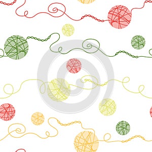 Seamless pattern with crochet chains and yarn balls. Vector vintage background for handcraft
