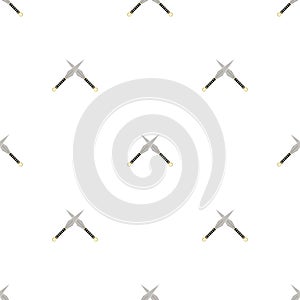 Seamless pattern with crossed kunai throwing knives icon. Ninja weapon. Samurai equipment. Cartoon style. Vector illustration for