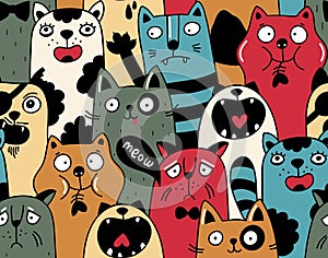 Seamless pattern with crowd of cats in different colors.