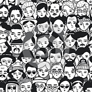 Seamless pattern of crowd different people, woman and man faces. Doodle portraits fashionable girls and guys. Trendy