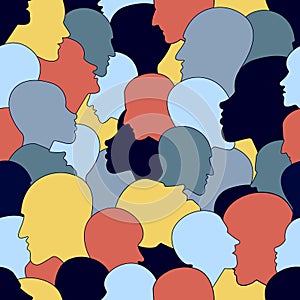 Seamless pattern of a crowd of many different people profile heads from diverse ethnic. Vector background