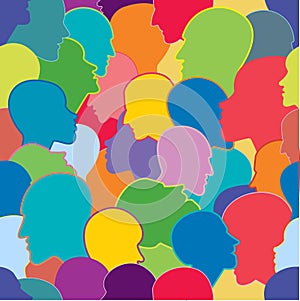 Seamless pattern of a crowd of many different people profile heads from diverse ethnic. Vector background