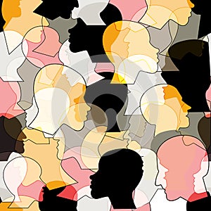 Seamless pattern of a crowd of many different people profile heads from diverse ethnic. Vector background