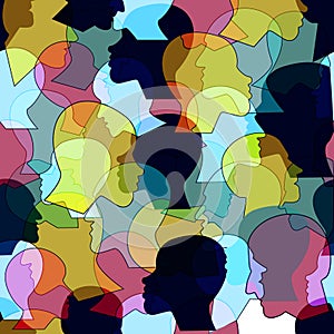 Seamless pattern of a crowd of many different people profile heads from diverse ethnic. Vector background