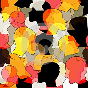 Seamless pattern of a crowd of many different people profile heads from diverse ethnic. Vector background