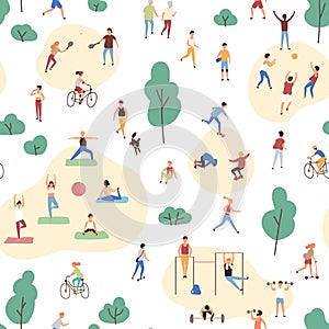 Seamless pattern with crowd of people performing healthy activities and playing sports games in park. Backdrop with