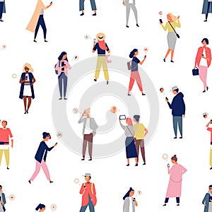 Seamless pattern with crowd of people using smartphones or mobile phones with messengers. Backdrop with young men and