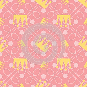 A seamless pattern of a crown with a busy pink background, in the colors of autumn and winter of 2018 and 2019, for girls from 4 t