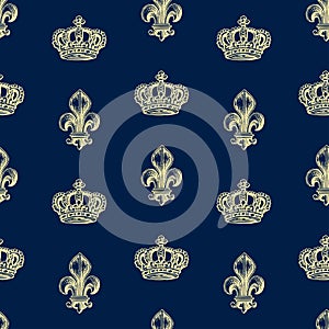 Seamless pattern of crowns and french lilies