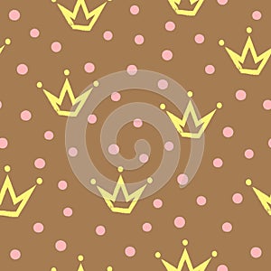 Seamless pattern with crowns painted by hand rough brush. Randomly scattered dot.