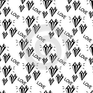 Seamless pattern with crystal heart, diamond, gemstone isolated on white background.