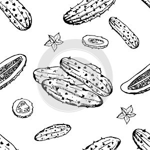 Seamless pattern with cucumber, slice, flower. Vegetable hand drawn background. Black and white vector wallpaper