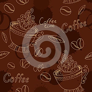 Seamless pattern with cup coffee beans and blots