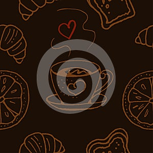 Seamless pattern. Cup of coffee or tea. Bakery products.