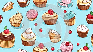 Seamless pattern with cupcakes and cakes on blue background. Vector illustration