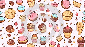 Seamless pattern with cupcakes, cakes, macaroons, muffins, cupcakes