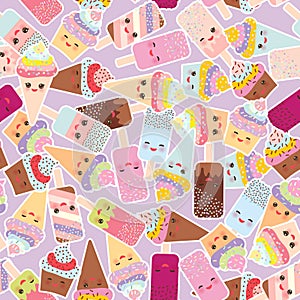 Seamless pattern cupcakes with cream, ice cream in waffle cones, ice lolly Kawaii with pink cheeks and winking eyes, pastel color