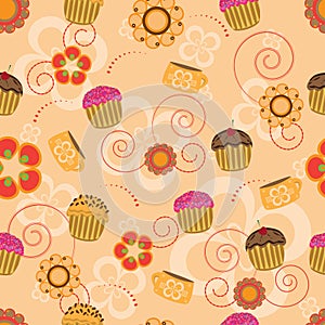 Seamless pattern with cupcakes and flowers
