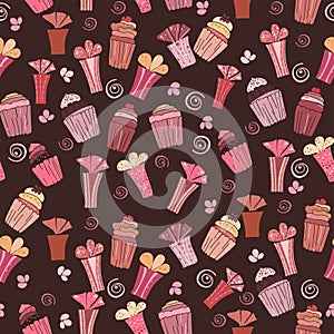 Seamless pattern with cupcakes and gift vector illustration