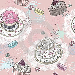Seamless pattern with cupcakes, tea and macaroons.