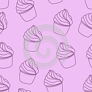 Seamless pattern with cupcakes. Vector hand drawn Illustration. Line art style dessert isolated on pink background. Can