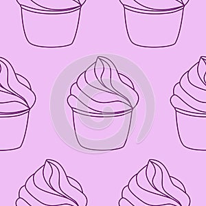 Seamless pattern with cupcakes. Vector hand drawn Illustration. Line art style dessert isolated on pink background. Can