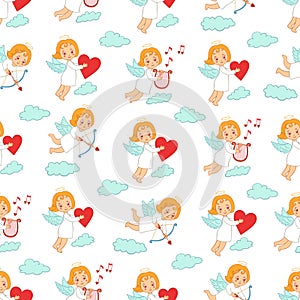 Seamless pattern with cupids or angels carrying bow, arrows, harp and heart