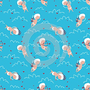 Seamless pattern of cupids flying in the clouds
