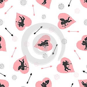 Seamless pattern with cupids and hearts. Love vector background.