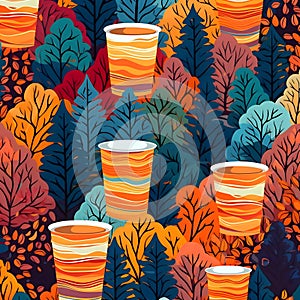 Seamless pattern with cups of coffee in autumn forest. Vector illustration