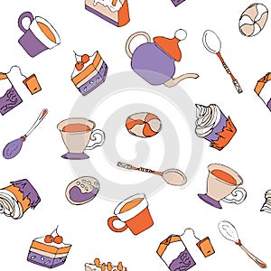 Seamless pattern of cups, spoons, teapots and cupcakes on a white background. Vector endless illustration of kitchen items and