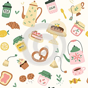 Seamless pattern with cups and sweeties; teapots. Vector illustration