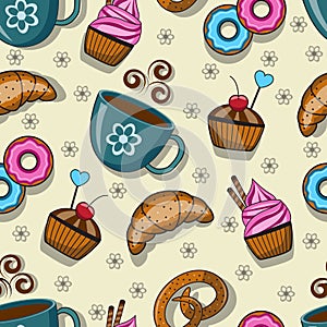 Seamless pattern with cups and sweets