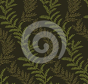 Seamless pattern with curls of fern branches on a dark green background. Vector tropical texture with stems and foliage