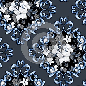Seamless pattern with curls and flowers