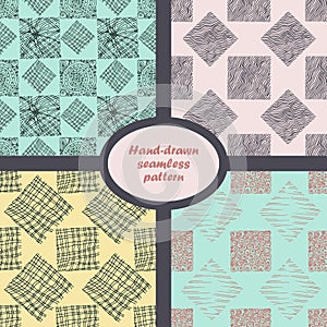 Seamless pattern of curved lines and dots set. hand drawn