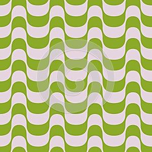 Seamless pattern. Curved wavy stripes in green and light pink colors. Vector illustration. 3D effect. Trendy print