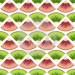 Seamless pattern with cut green and red kiwi fruit. Vector background.