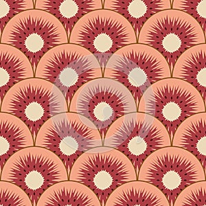 Seamless pattern with cut red kiwi fruit. Vector background.