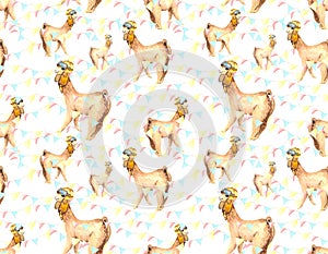 Seamless pattern with a cute Alpaca pilot in a helmet with glasses and holiday flags. Watercolor fun background for textiles, pack