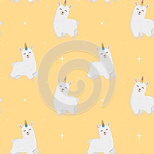 Seamless pattern of cute alpaca with unicorn horn in different poses. Cartoon design animal character flat vector style.