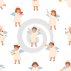 Seamless pattern with cute angels on white background. Happy children with nimbus and wings on endless repeatable