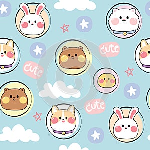 Seamless pattern of cute animal in circle with star on blue background