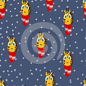 Seamless pattern with cute animal face on color background. Giraffe in a winter scarf. Merry Christmas and New year