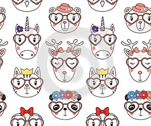 Seamless pattern with cute animal faces