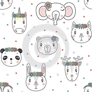 Seamless pattern with cute animal faces