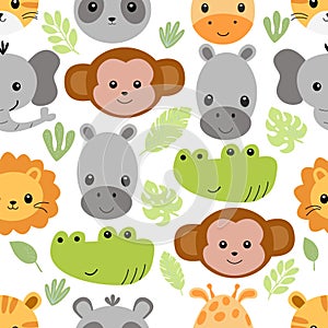 Seamless pattern with cute animal faces